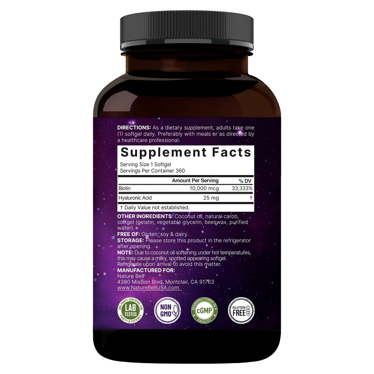 NatureBell Biotin 10000mcg + Hyaluronic Acid 25mg 360 Softgels