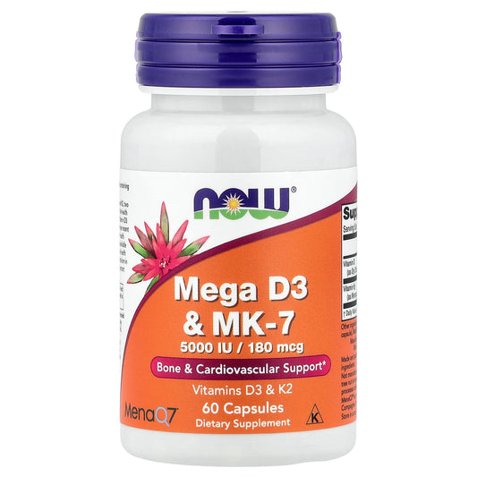 NOW Mega فيتامين D3 مع MK-7، 60 كبسولة، العبوة من الأمام