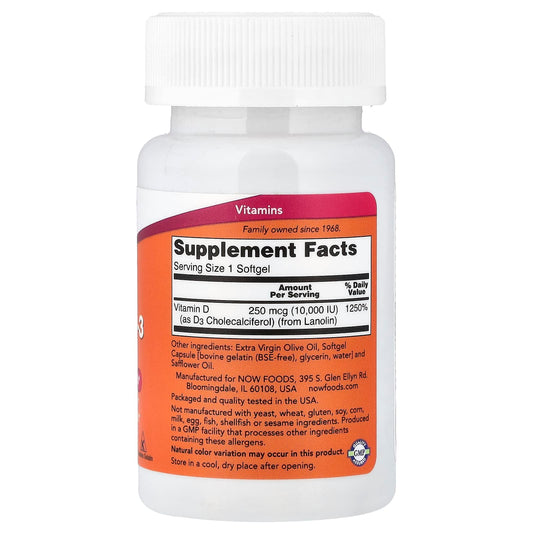 NOW Vitamin D3 High Potency 10000 IU 120 Softgels
