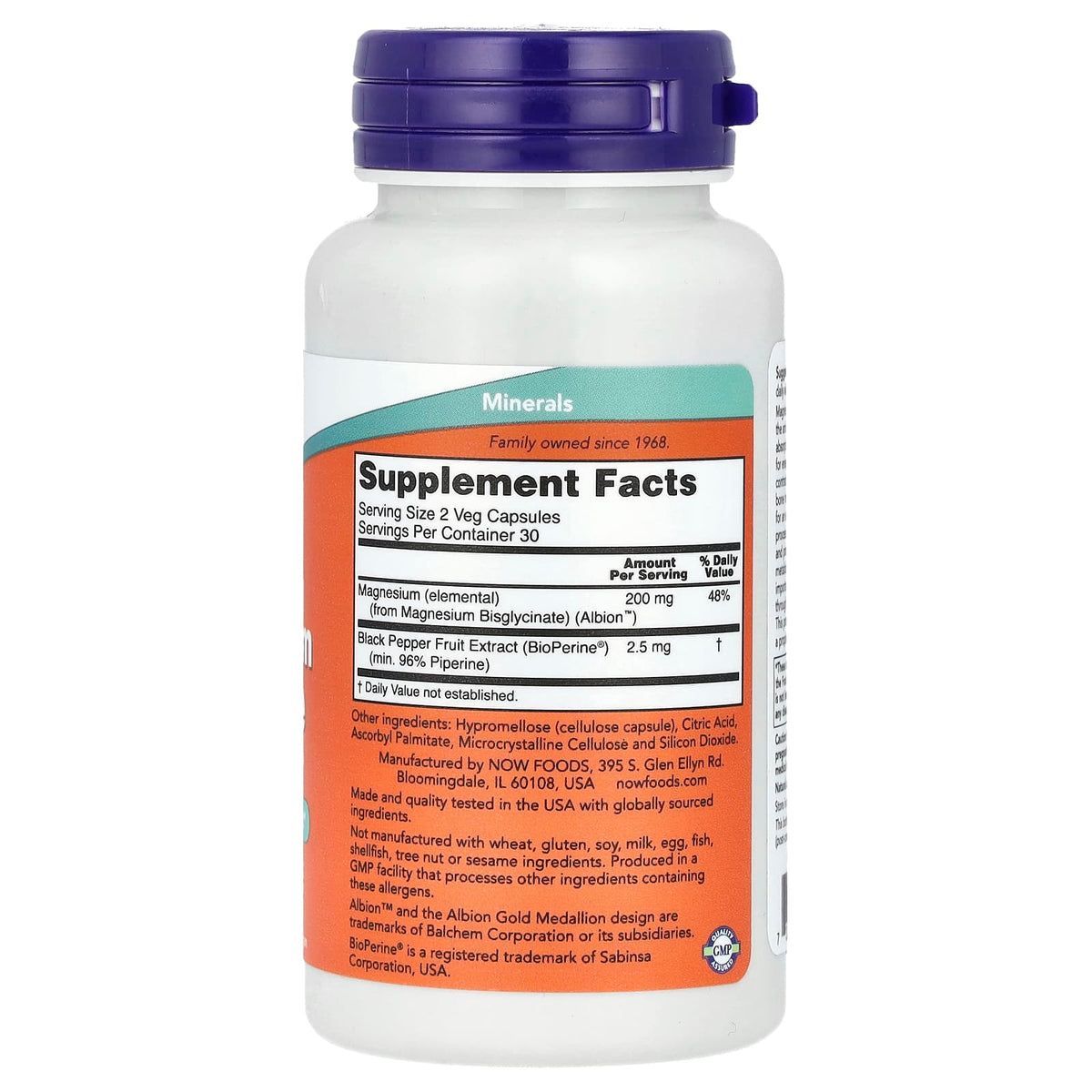 NOW Magnesium Glycinate With BioPerine 60 Capsules