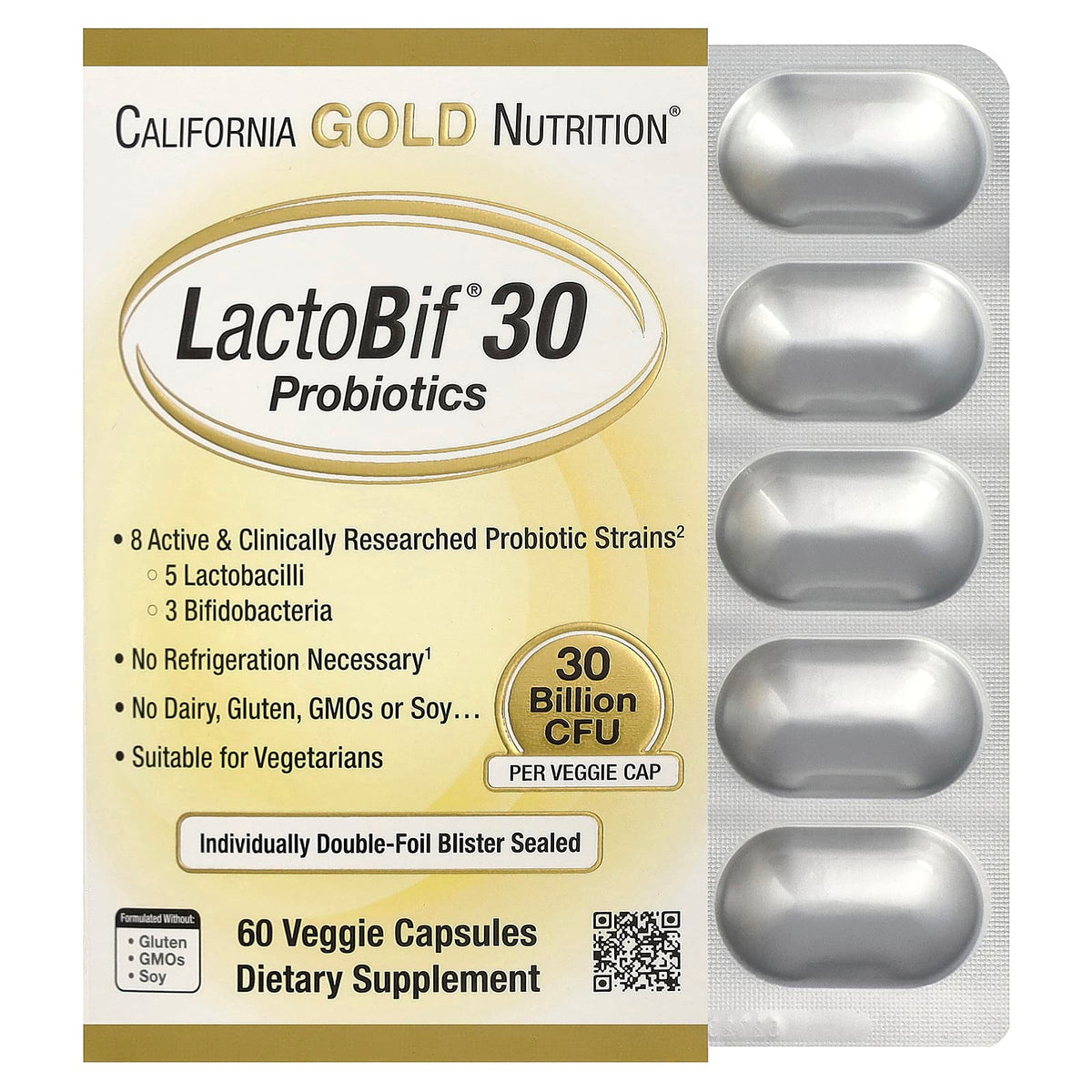 California Gold LactoBif 30 Probiotics 30 Billion CFU 60 Capsules
