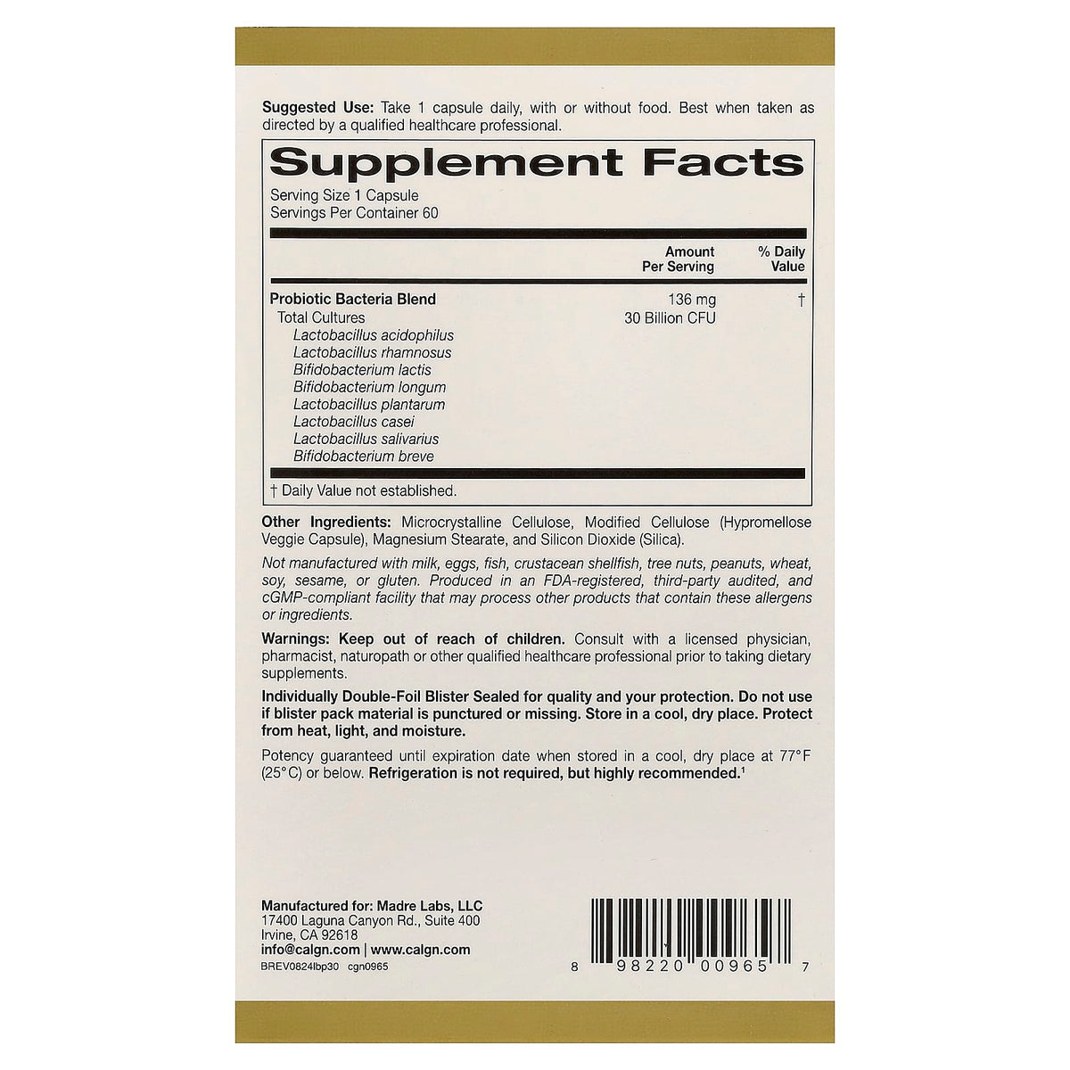California Gold LactoBif 30 Probiotics 30 Billion CFU 60 Capsules