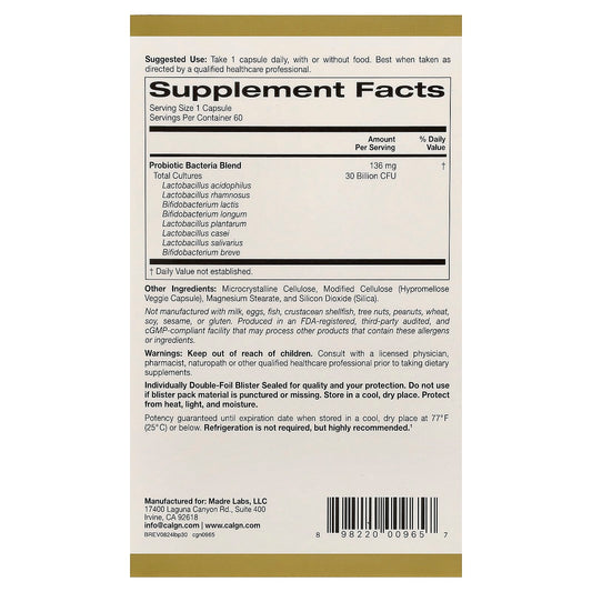 California Gold LactoBif 30 Probiotics 30 Billion CFU 60 Capsules