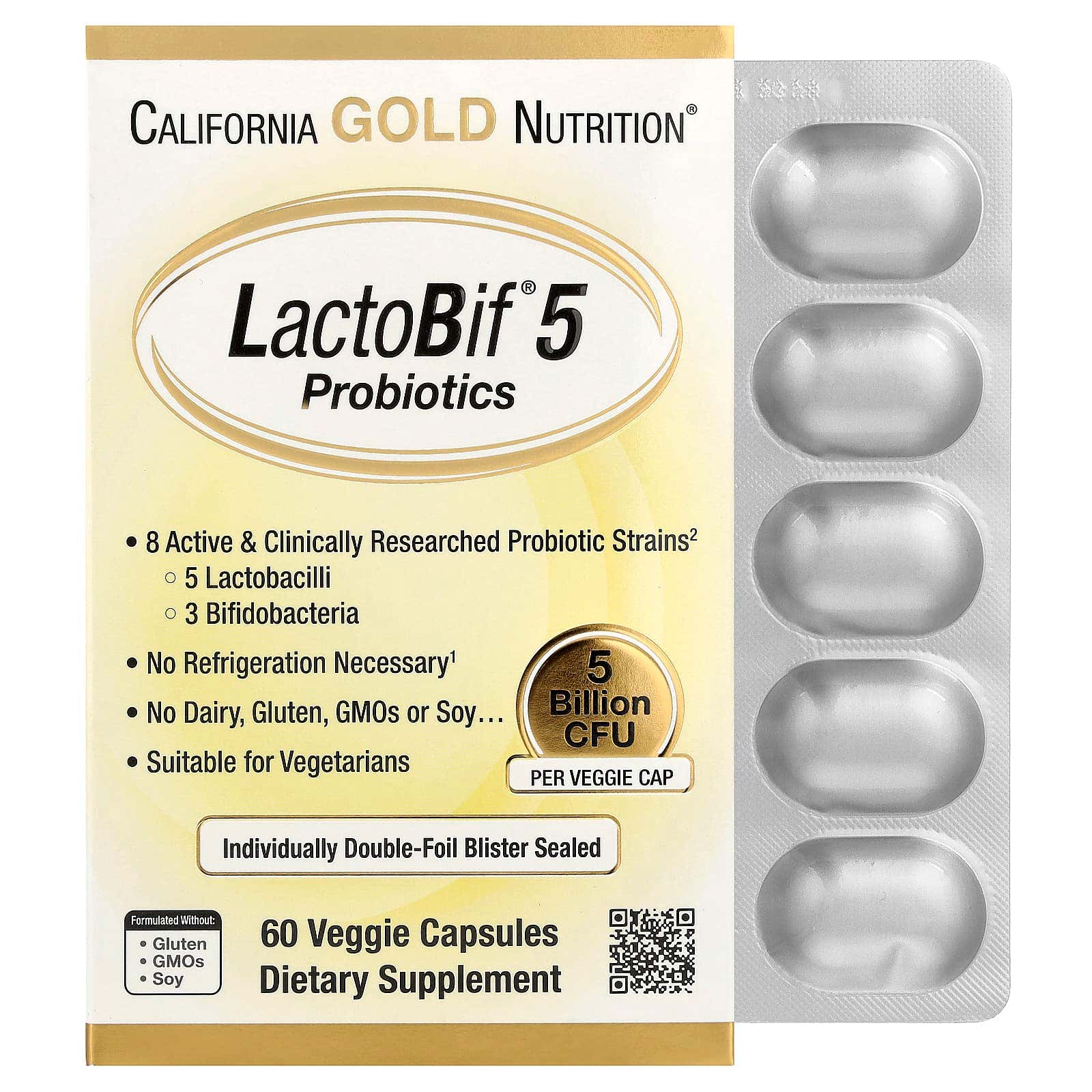 California Gold LactoBif 5 Probiotics 5 Billion CFU 60 Capsules