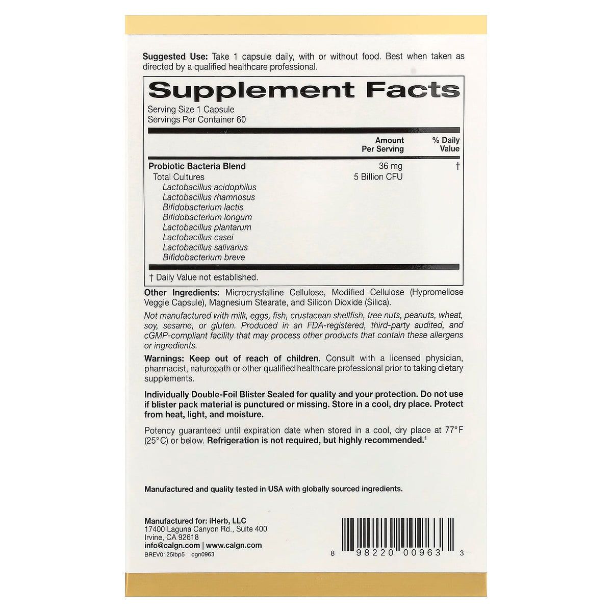 California Gold LactoBif 5 Probiotics 5 Billion CFU 60 Capsules
