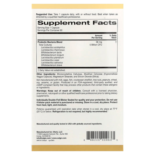California Gold LactoBif 5 Probiotics 5 Billion CFU 60 Capsules