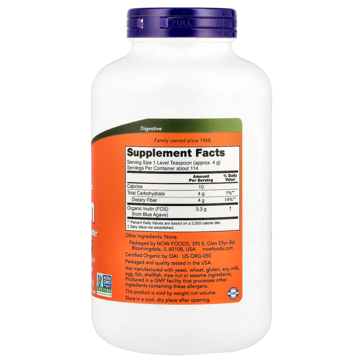 NOW Certified Organic Inulin Prebiotic Pure Powder 454 g