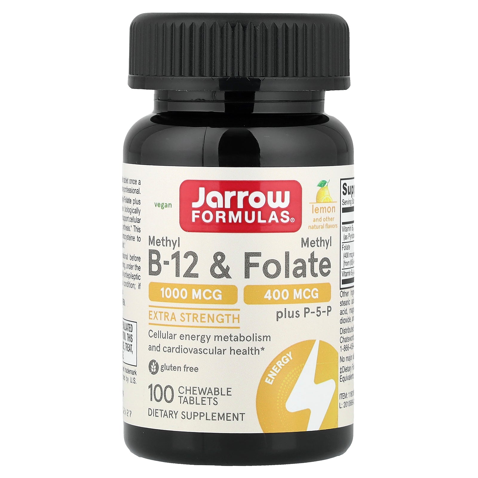 Jarrow Formulas ميثيل B-12 وميثيل فولات نباتي بنكهة الليمون، 100 قرص مضغ، العبوة من الأمام