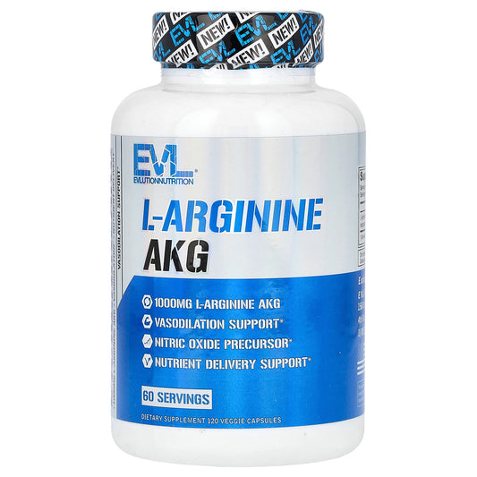 EVLution Nutrition L-Arginine AKG 500 ملجم، 120 كبسولة نباتية — العبوة من الأمام