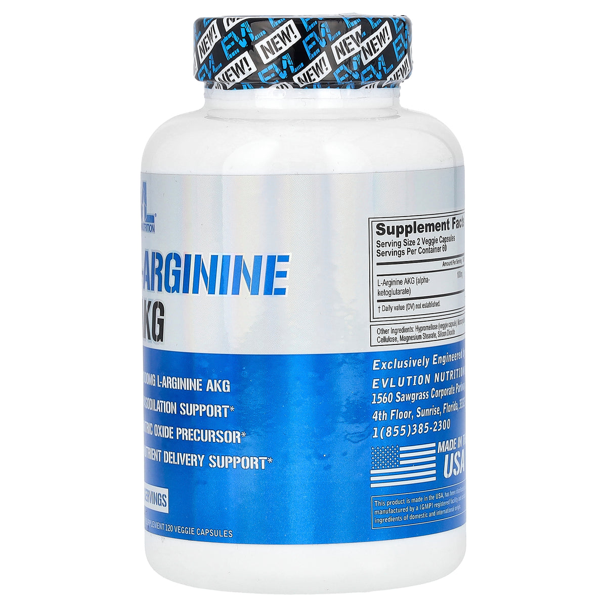 EVLution Nutrition L-Arginine AKG — لوحة حقائق المكمل الغذائي: الحصة كبسولتان، 60 حصة في العبوة