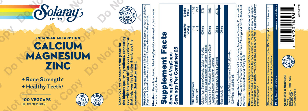 Solaray Calcium Magnesium Zinc 100 Capsules