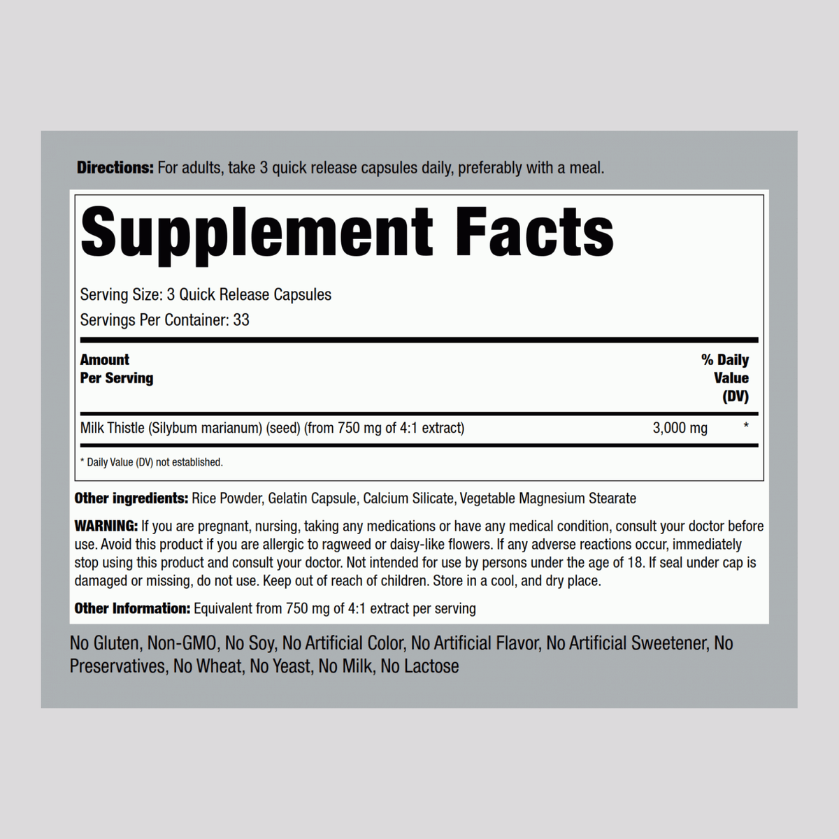 Piping Rock Milk Thistle 3000 mg 100 Capsules
