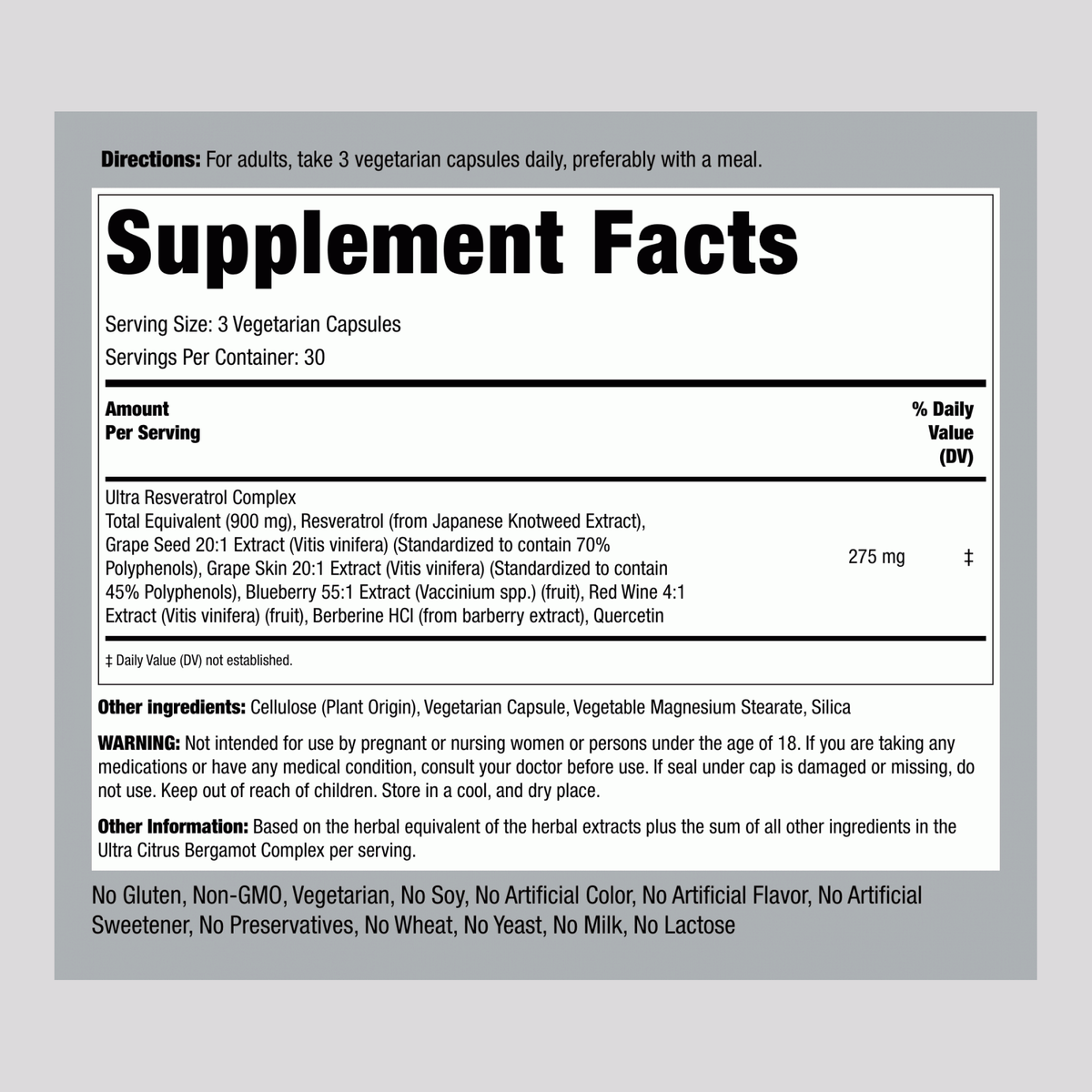 Piping Rock Resveratrol Berberine Grape Seed & Quercetin Complex 90 Capsules