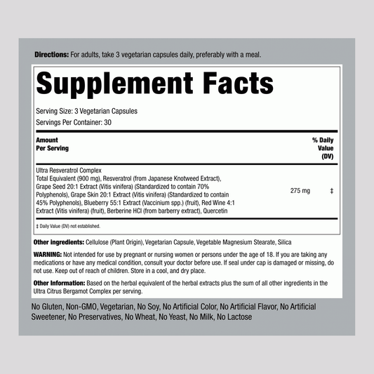 Piping Rock Resveratrol Berberine Grape Seed & Quercetin Complex 90 Capsules
